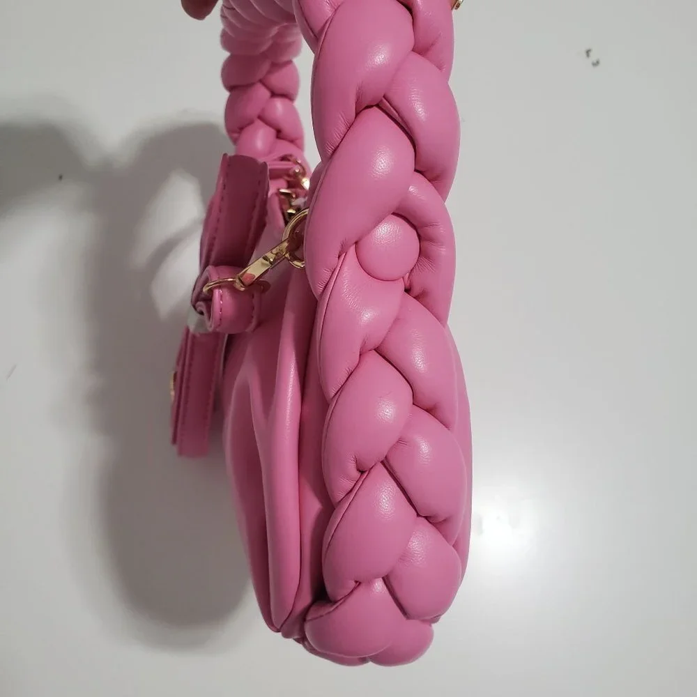 New‎ Braided Handle Vegan Leather Hobo Bag in Bubblegum Pink